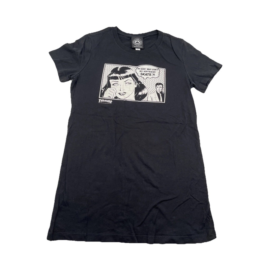 Thrasher Women's T-Shirt Size L Comic Graphic "Oh God! Skate?" Black 100% Cotton